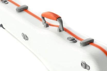 Close-up of a white hard case with an orange handle grip and gray latches, shown on a clean white background.