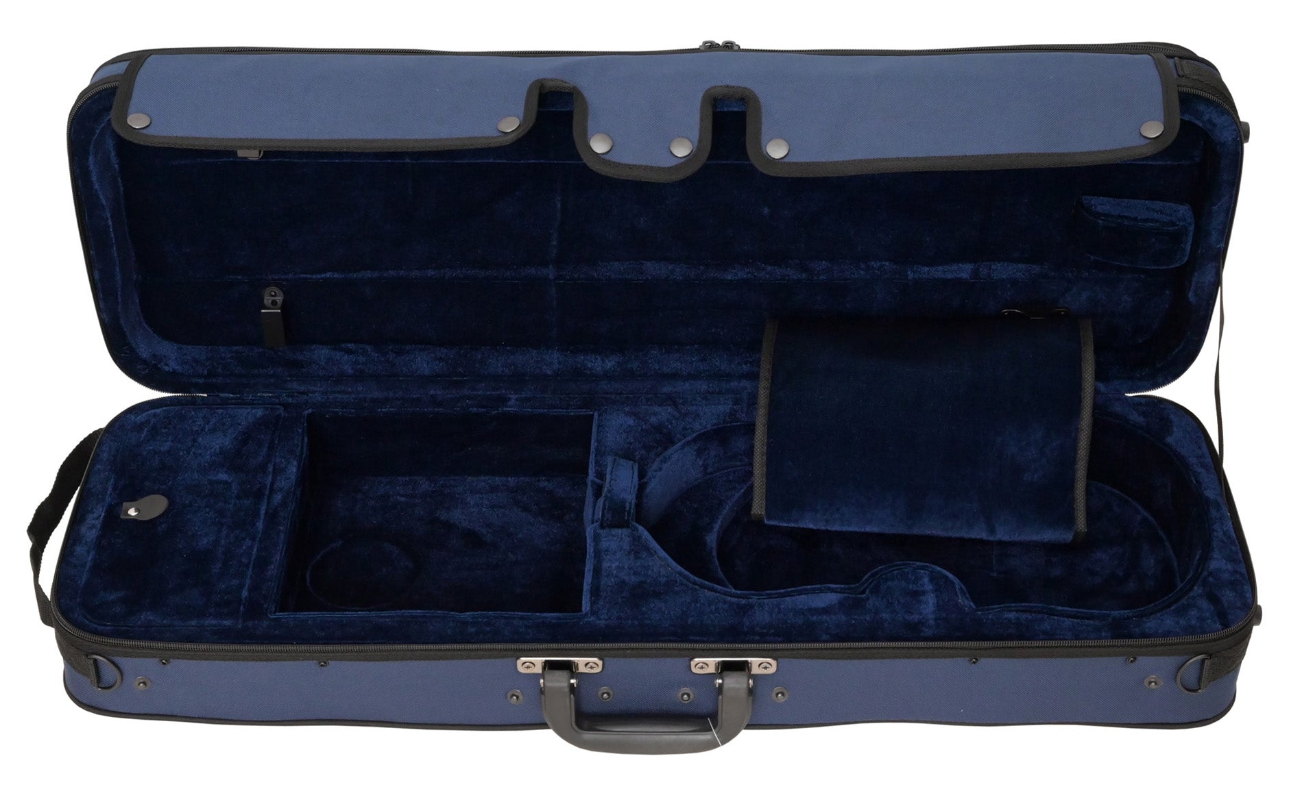 Blue violin case with interior padding on a white background