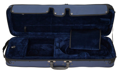 Blue violin case with interior padding on a white background
