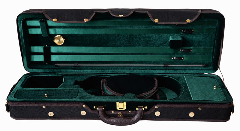 Black hard shell violin case with green interior, hydrometer, and 4 bow holders.