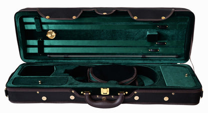 Black hard shell violin case with green interior, hydrometer, and 4 bow holders.