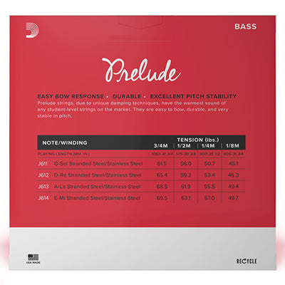D'Addario Prelude Bass String Set, 3/4, medium tension - back side of the envelope