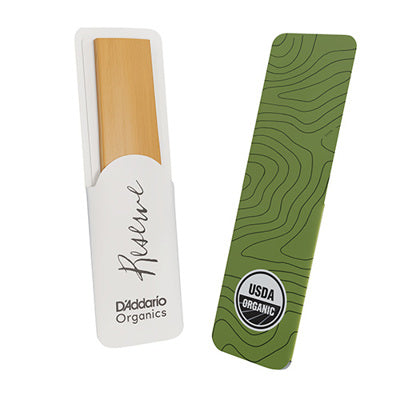 D'Addario Organics alto sax reed  holder with a green organic certification label on a white background