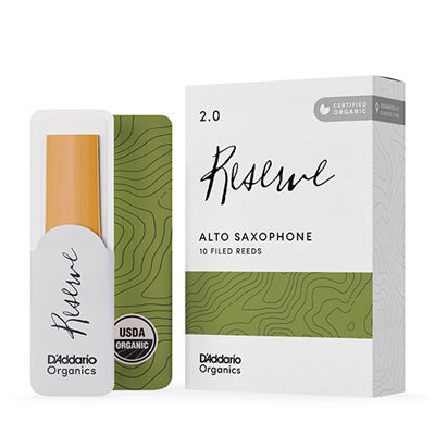 D'Addario Organics alto saxophone reeds packaging on a white background