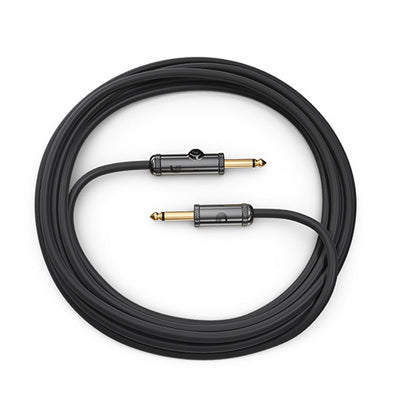 Black audio cable with two plug ends on a white background