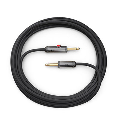 Black audio cable with two plug ends on a white background