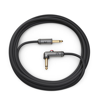 Black audio cable with 90-degree connector on a white background