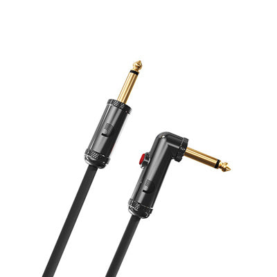 Black audio cable with gold and black connectors on a white background