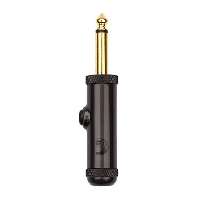 Black guitar cable connector with gold tip on a white background