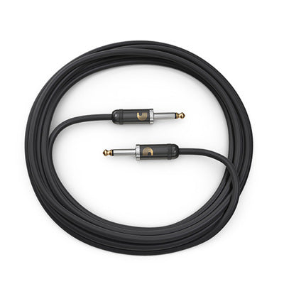 Black audio cable with plug on a white background