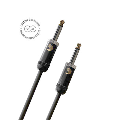 Two black audio cables with gold connectors on a white background, featuring a logo and text.