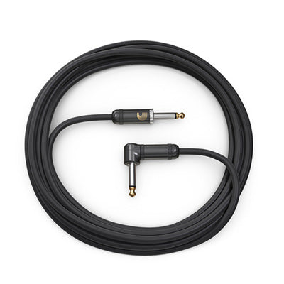 Black guitar cable with angled connectors on a white background