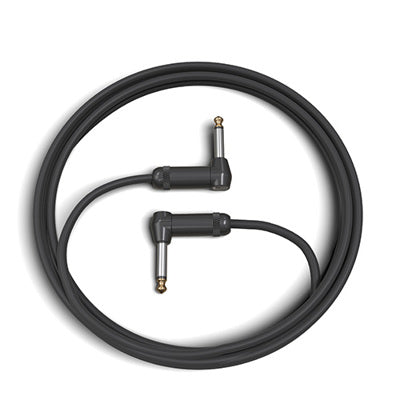 Black audio instrument cable with angled connectors on a white background