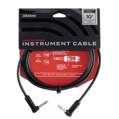 D'Addario instrument 10' cable packaging with black cable and red label on a white background