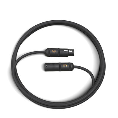 Coiled black cable with XLR connectors on a white background