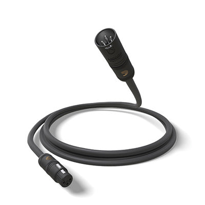 Black audio cable with XLR connectors on a white background