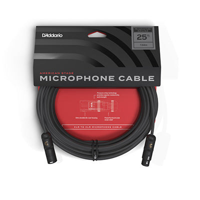 Addario microphone 25' cable packaging with black cable and red label on a white background