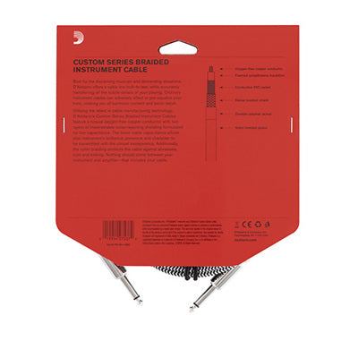 Red packaging for a custom series braided instrument cable with text and cable ends visible.