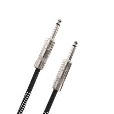 Black & white audio cable with silver connectors on a white background