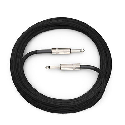 Black audio cable with metal connectors on a white background