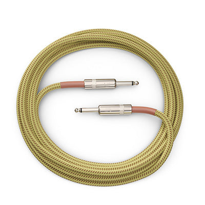 Beige audio cable with metal connectors on a white background