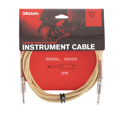 D'Addario instrument 10' cable packaging with red background and gold cable