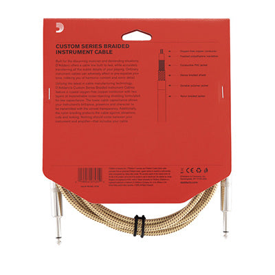 Red packaging for a custom series braided instrument cable with text and product details.