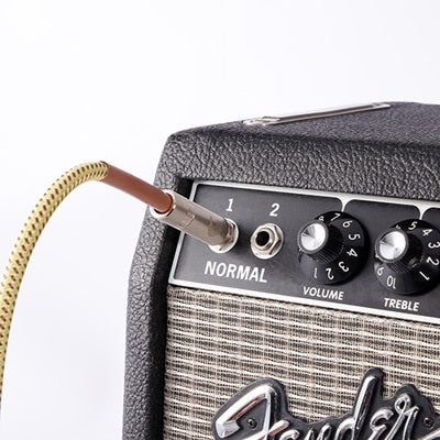 Fender amplifier with a guitar cable plugged in on a white background