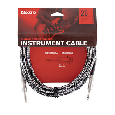 D'Addario 20' instrument cable packaging with braided design on a white background