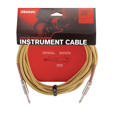 D'Addario instrument 20' cable with packaging on a white background