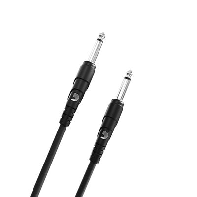 Two black audio cables with 1/4 inch connectors on a white background