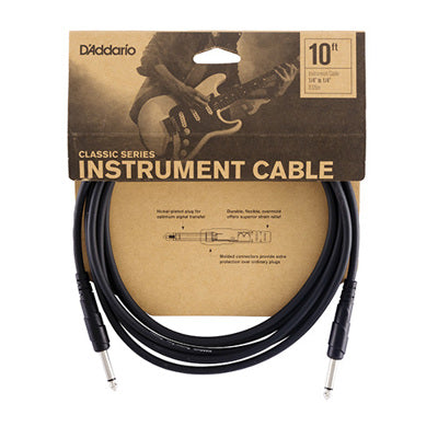 D'Addario instrument 10' cable packaging with black cable on a white background