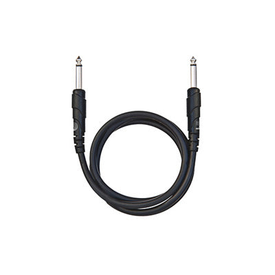 Black audio cable with standard plugs on a white background
