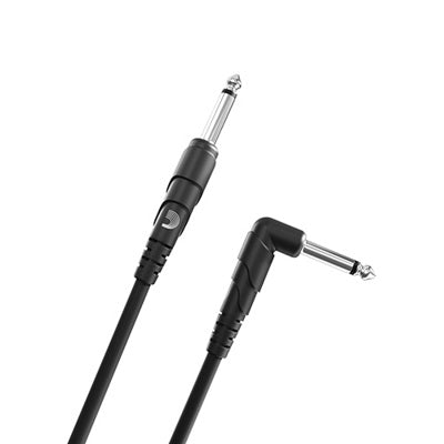 Black audio cable with angled plug on a white background