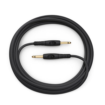 Black audio cable with two plug ends on a white background
