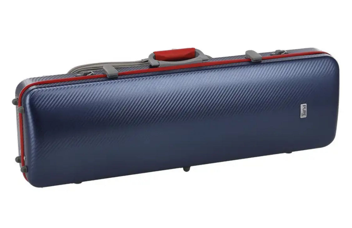 Blue oblong violin case with red trim