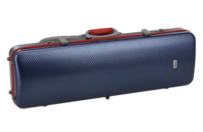 Blue oblong violin case with red trim