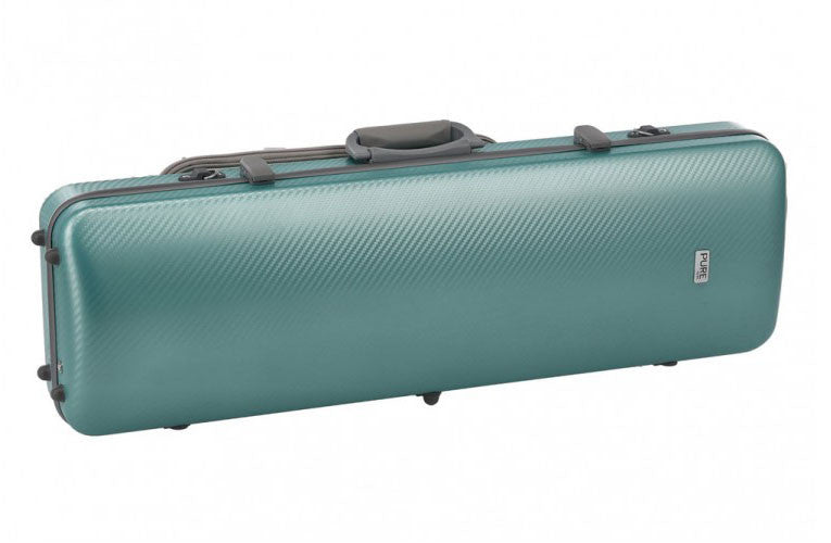 A teal hardshell instrument case with a textured carbon-fiber pattern, featuring a top handle, zippered closure, and a small white logo badge on the front right.