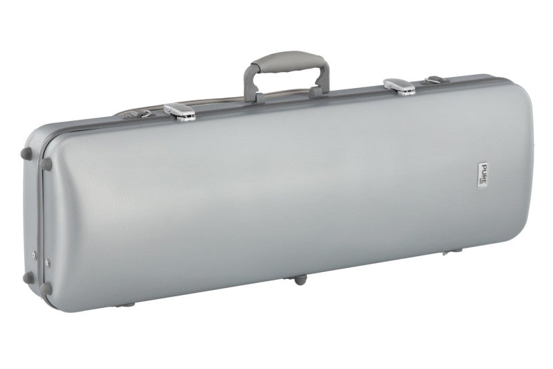 Silver violin case with a handle on a white background