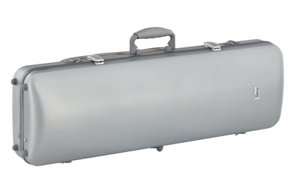 Silver violin case with a handle on a white background