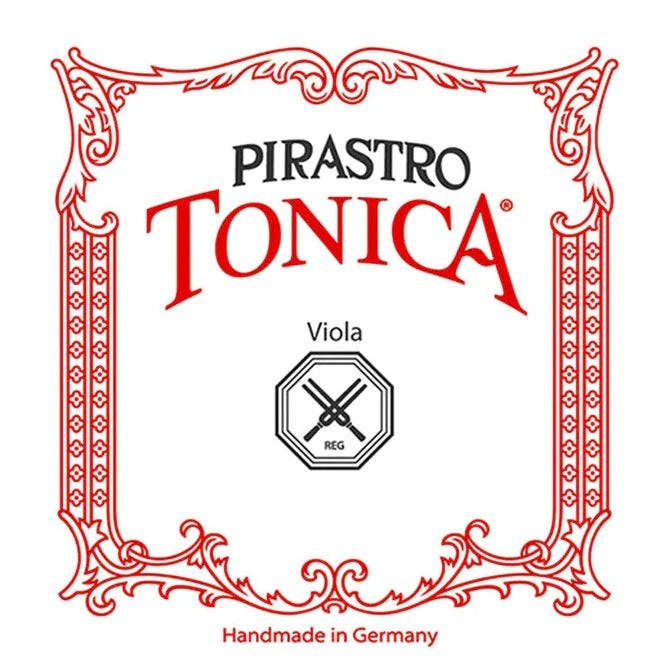 Pirastro Tonica viola string label with decorative border on a white background
