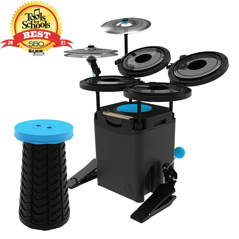 Acoustic drum set for kids with stool on a white background, featuring a 'Tools for Schools Best' award badge.