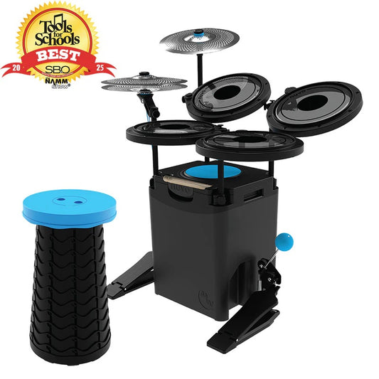 Acoustic drum set for kids with stool on a white background, featuring a 'Tools for Schools Best' award badge.