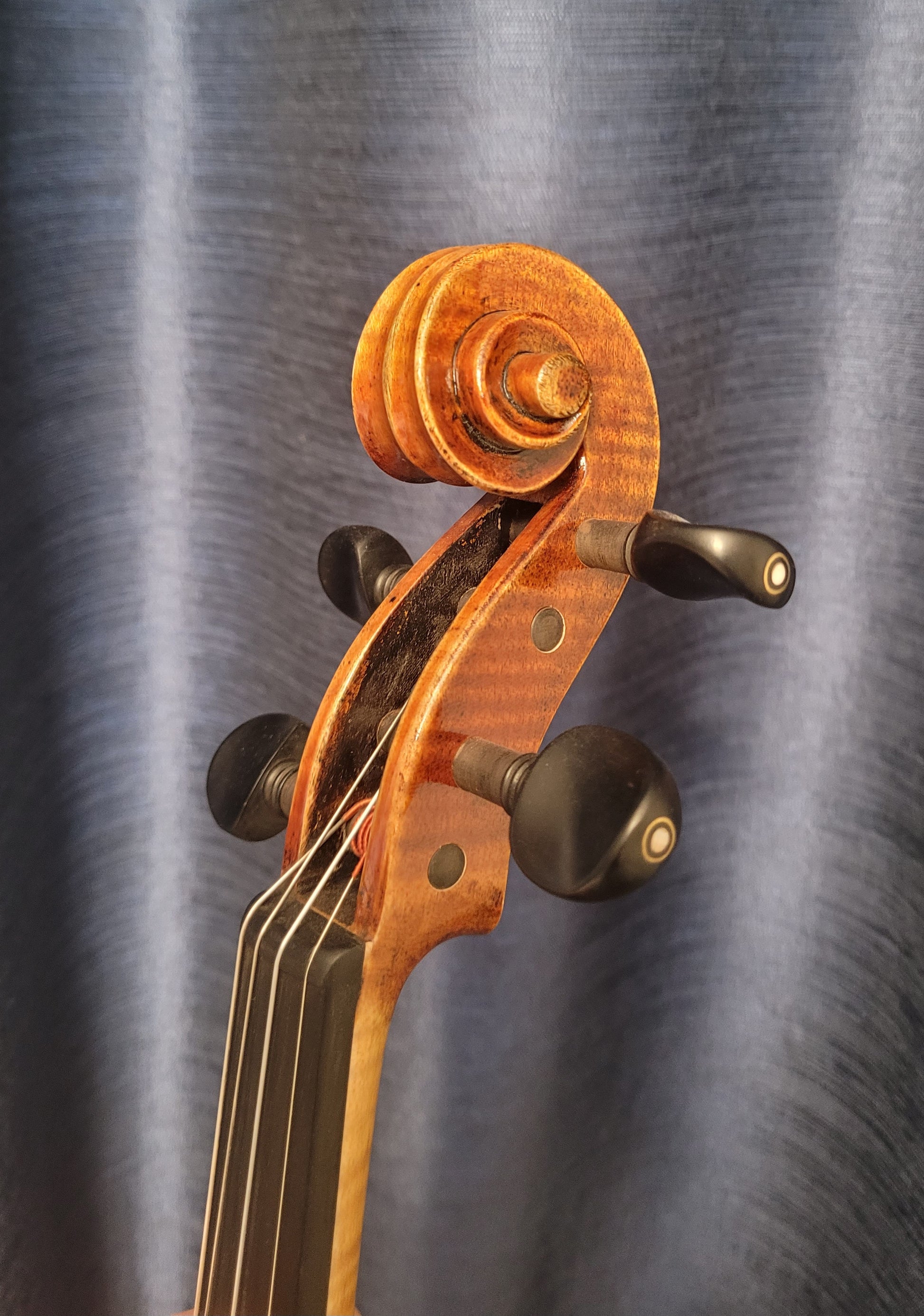 Close-up of a violin's fiddle back with a textured gray background