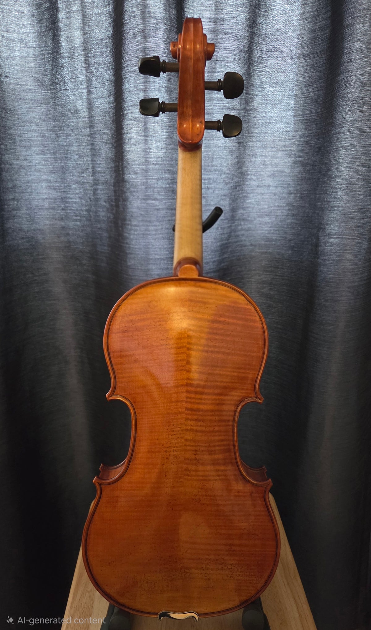 A close-up of the back of a wooden violin showing the rich, glossy brown wood grain, neck, and tuning pegs, set against a dark gray textured curtain backdrop.