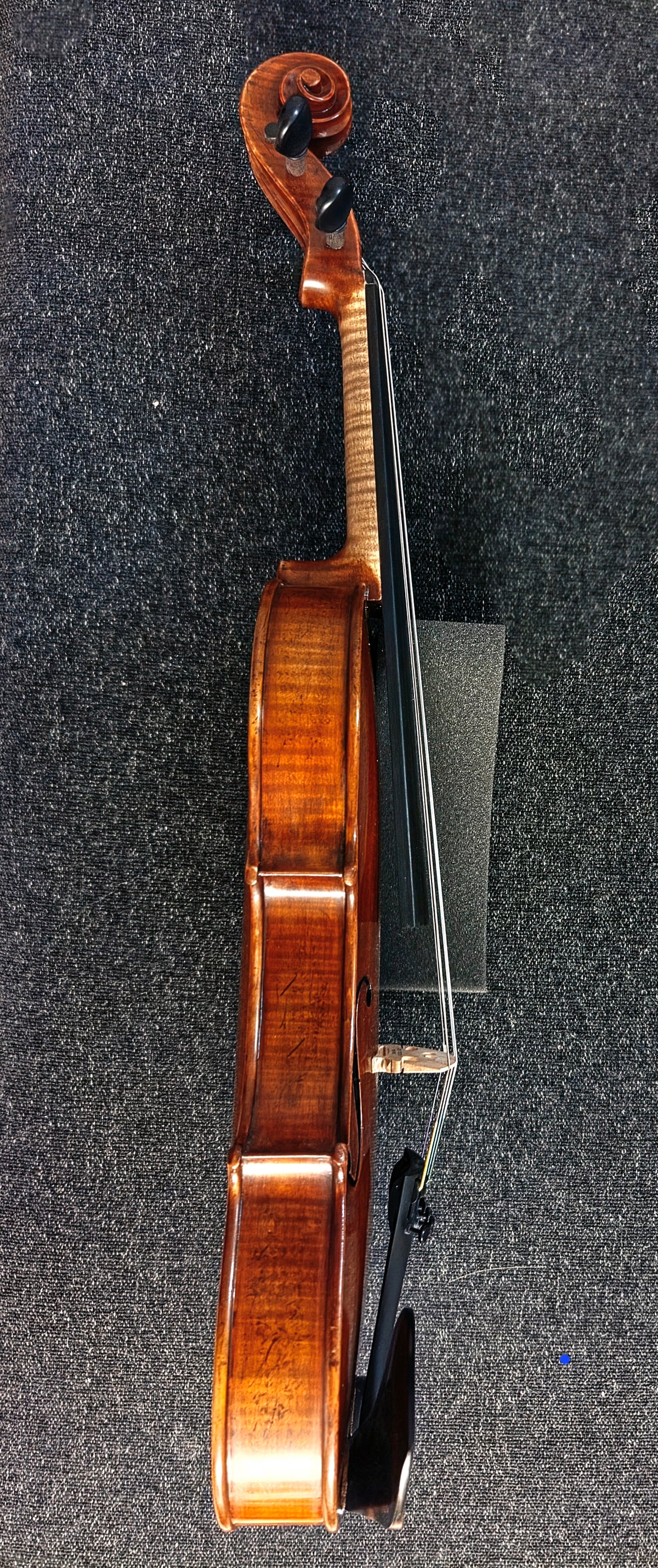 Side view of the violin with a chinrest attached on a grey background