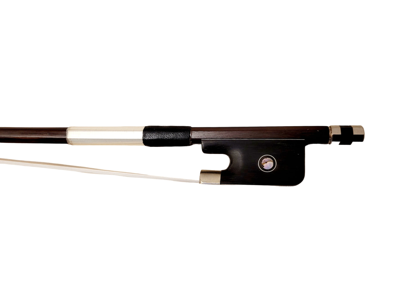 Cello bow on a white background - ebony frog with Parisian eye.