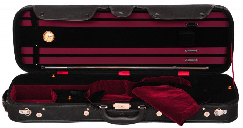 Open violin case with hydrometer, burgundy